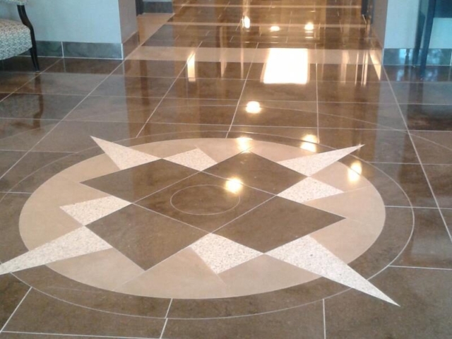 Limestone floor restoration in condo lobby